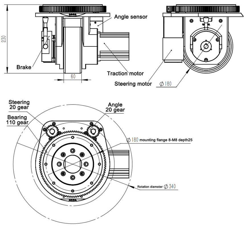 230mm AGV het Wiel van de Leidingsaandrijving met de Rem van de Aandrijvingsmotor codeert Stuurbekrachtigingmotor